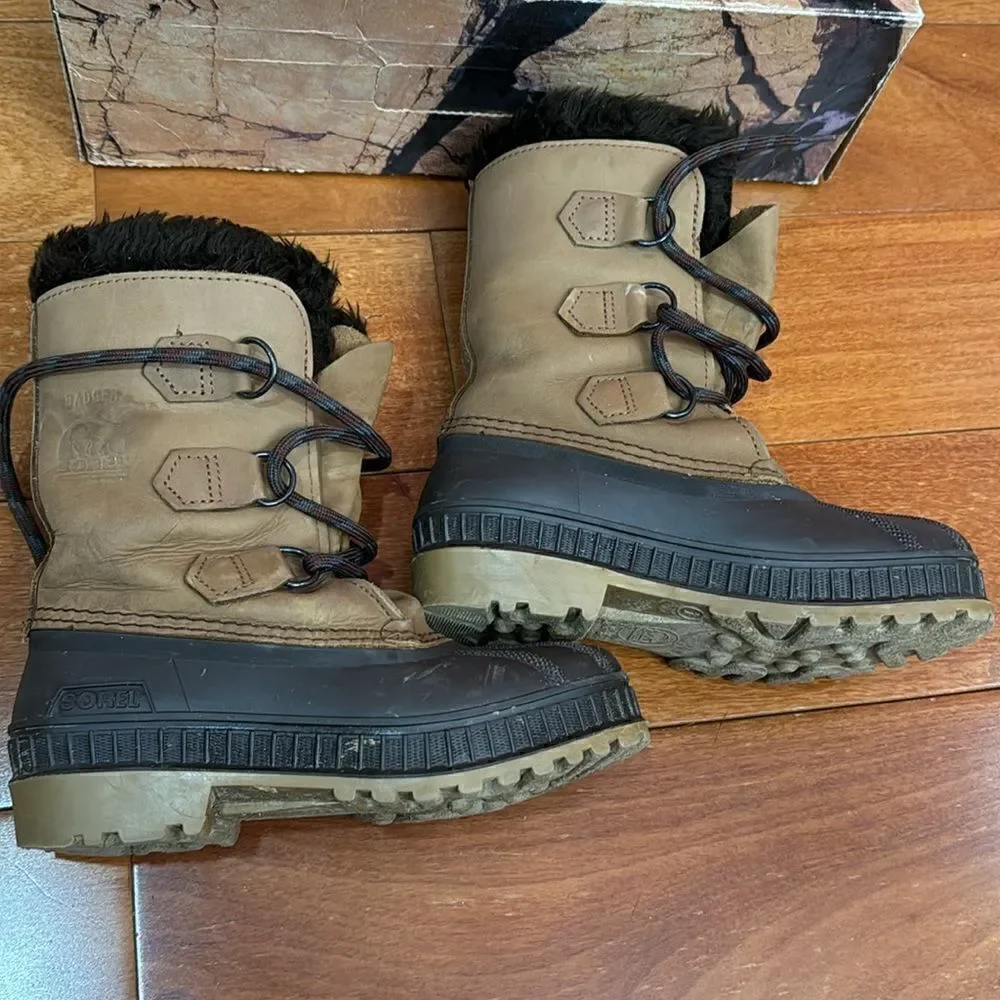 Sorel kids Badger Snow Boots Leather‎ Rubber Work Outdoors Fur removable size 1